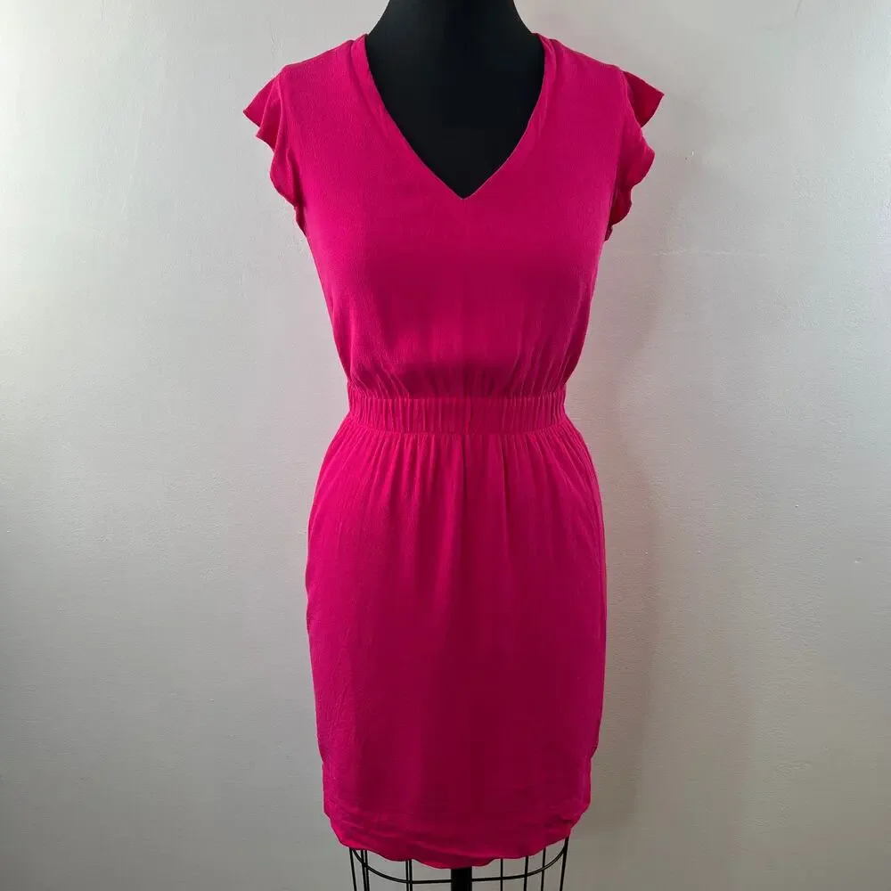 KATE SPADE Pink Fluid Crepe Frill Dress V-Neck Ruffle Sleeve Pullover Size 2